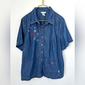 Vintage Koret Blue Floral Star July 4th Short Sleeve Button Up Shirt Size 20W
